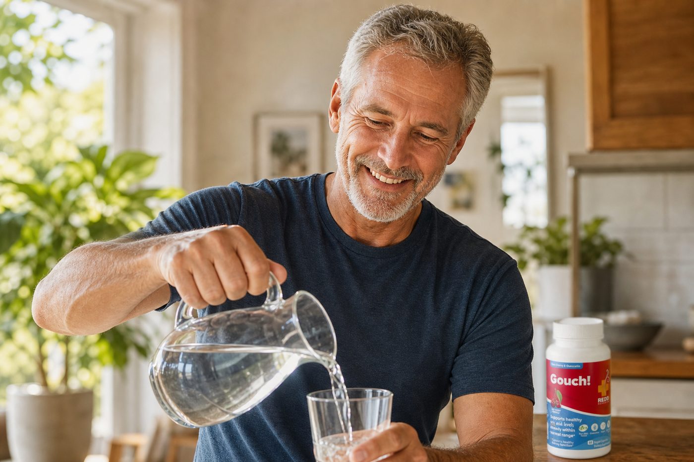A man in his early sixties enjoying a comfortable, active morning at home