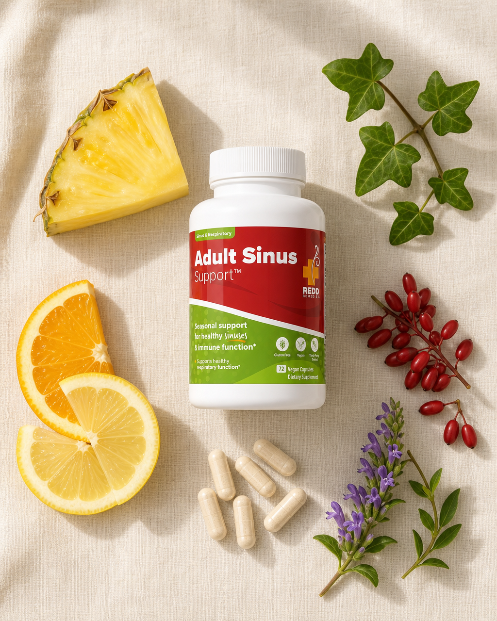 Adult Sinus Support bottle surrounded by its key botanicals: pineapple (bromelain), oranges and citrus bioflavonoids, barberry, and ivy leaf